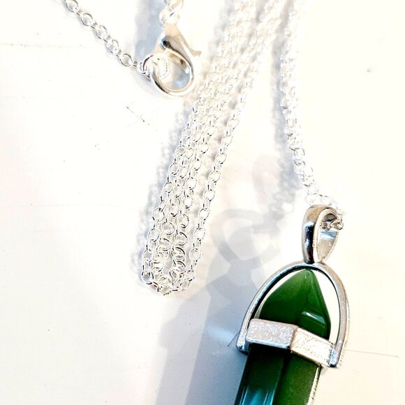 Dark Jade Bullet Point Crystal Pendant Necklace on 24' Silver Chain - Picture 3 of 3